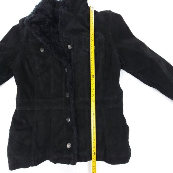 VINTAGE 90s Wilsons Leather Genuine Leather Western Fur Collar Coat Black Medium - Picture 4 of 9